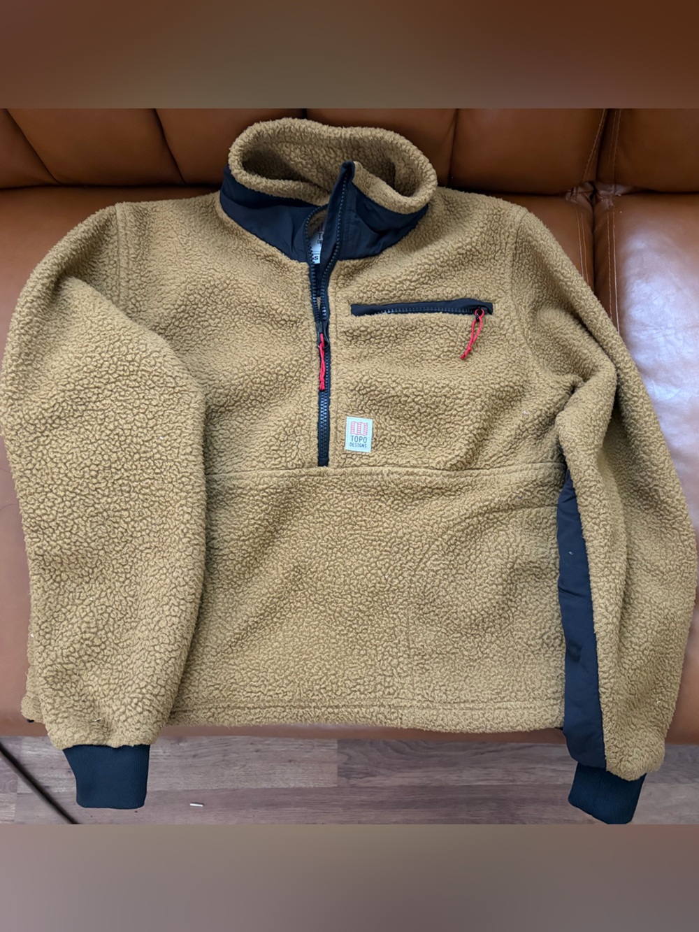 Topo Designs Tan Sherpa Pullover with Black Trim